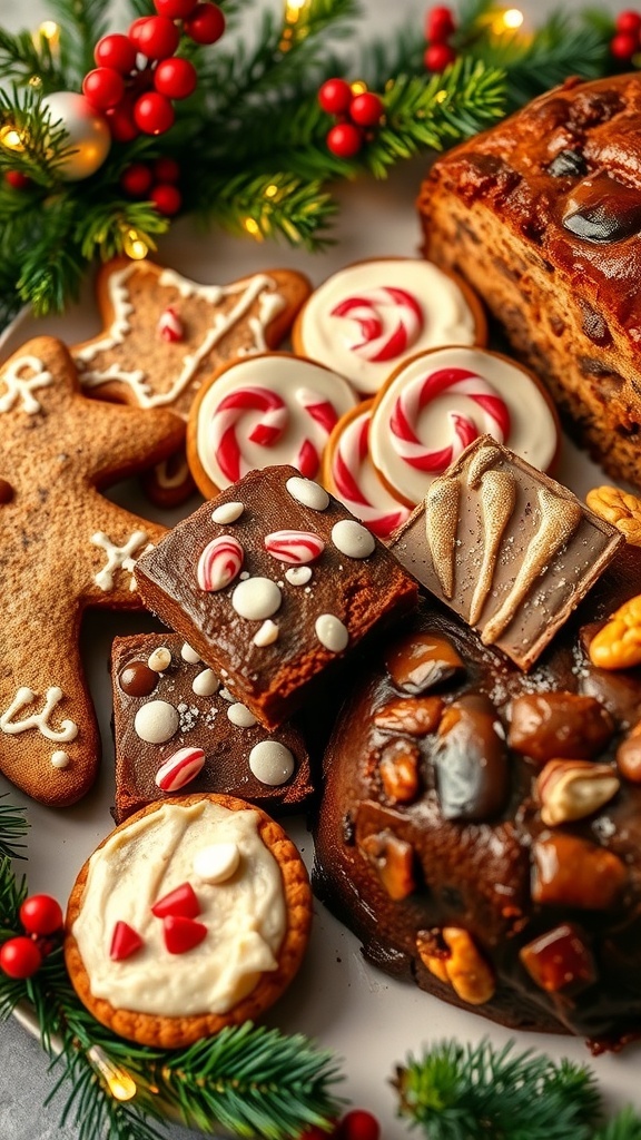 An assortment of Christmas treats including gingerbread cookies, brownies, and fruitcake on a decorative platter with holiday decorations.